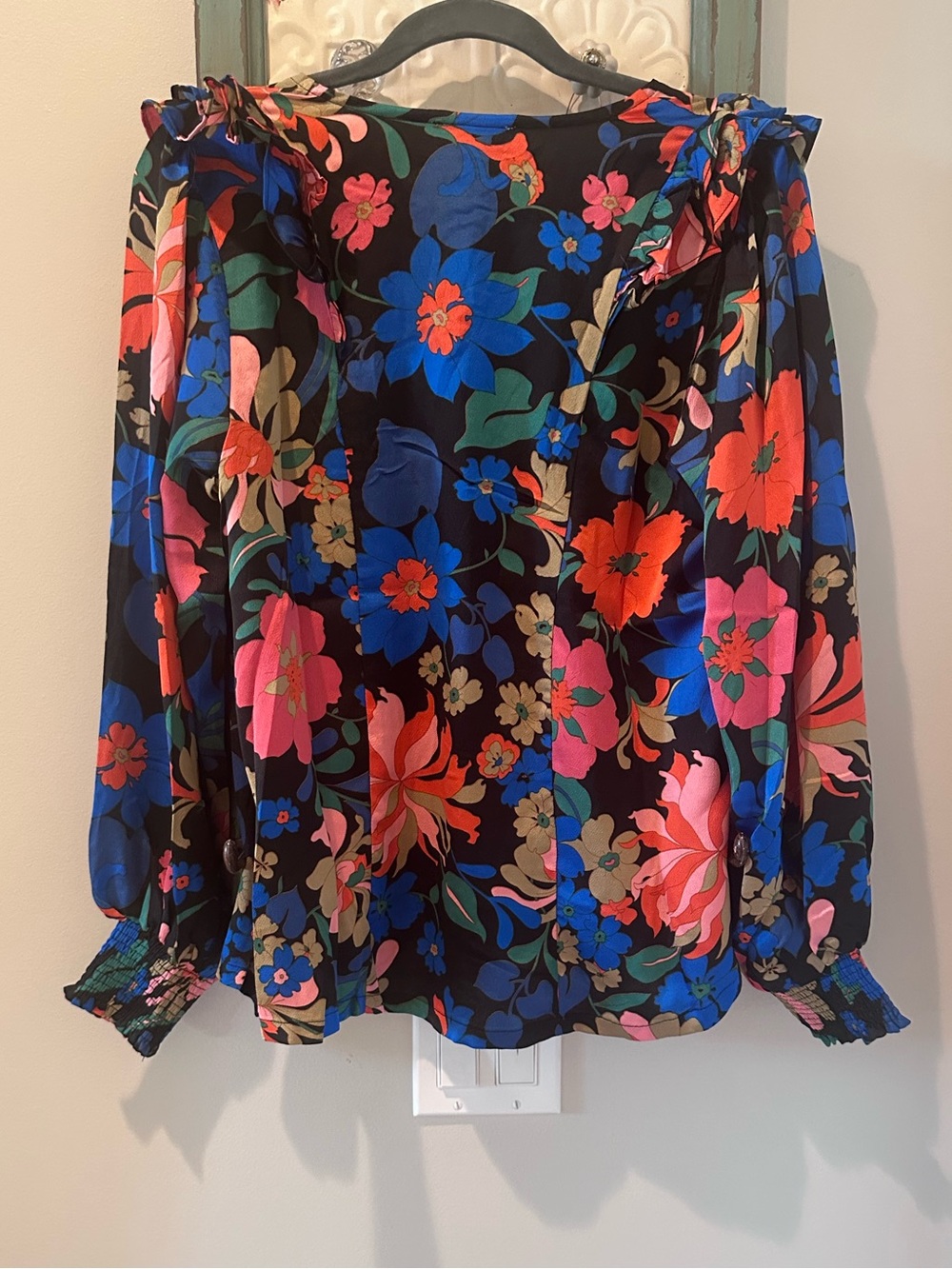 Umgee Black Floral Ruffle-Neck Long Sleeve Blouse - Picture 6 of 6